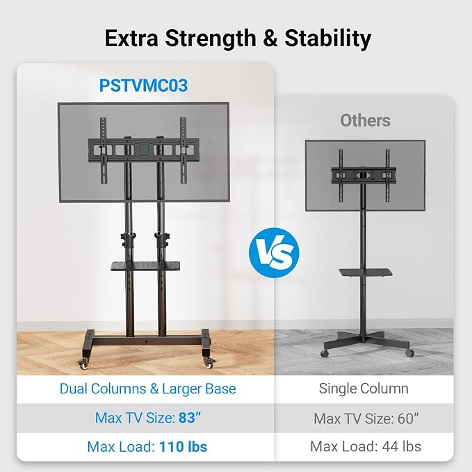 PERLESMITH Rolling TV Stand on Wheels for 32-83 Inch Screens up to 110lbs, Mobile TV Cart Height Adjustable Portable Outdoor TV Stand Tilt Rolling TV Cart with Shelf Max VESA 600x400mm PSTVMC03 - Image 7