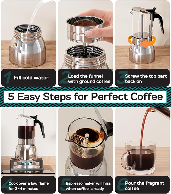 Coffee Gator 9 Cup Moka Pot, 15oz Stovetop Espresso Maker for Italian Coffee, Transparent Glass & Stainless Steel Design, Silver, 450ml - Image 7