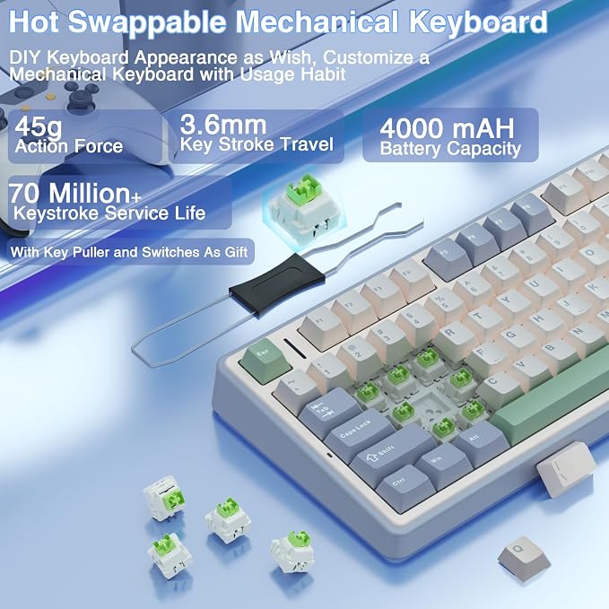 AULA F75 75% Wireless Mechanical Keyboard, Hot Swappable Creamy Keyboard, Pre-lubed Reaper Switches RGB Backlit Gaming Keyboards, 2.4GHz/Type-C/BT5.0(White & Green) - Image 4