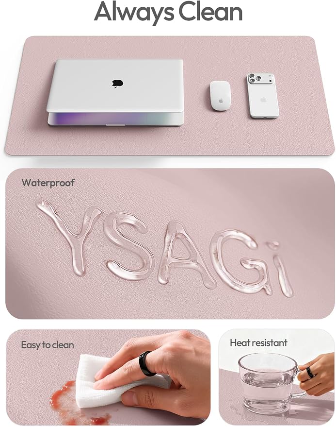 YSAGi Leather Desk Protector, Office Mat, Large Mouse Mat, Non-Slip PU Leather Blotter, Laptop Desk Mat, Waterproof Writing Pad for Office and Home (Grayish Lavender, 31.5" x 15.8") - Image 7
