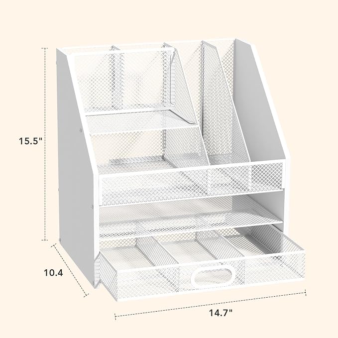 Homsorout Wooden Desk Organizer - Mesh File Organizer with Drawers and Pen Holder - 4-Tier Vertical Paper Letter Storage Tray, Desktop Organizers and Accessories for Home Office （White - Image 4
