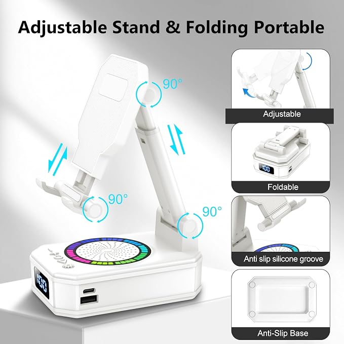 Cell Phone Stand with Wireless Bluetooth Speaker and Colorful LED Lights, 4-in-1 Multifunctional Phone Holder Support Fast Charging, Adjustable Desktop Stand for iOS Android White - Image 4