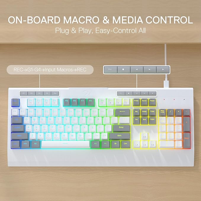 Redragon K525 RGB Backlit 104 Keys Wired Membrane Gaming Keyboard w/ 5 Multimedia Keys & 4 Extra On-Board Macro Keys, Dedicated Media Control, Ergonomic Wrist Rest, Linear Mechanical-Feel Switch - Image 3
