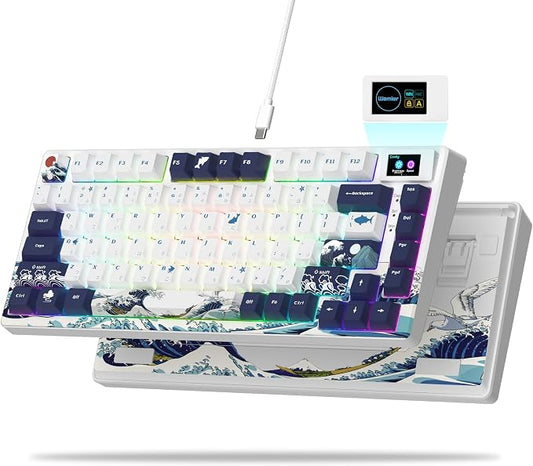Womier SK80 75% Keyboard with Color Multimedia Display Gaming Keyboard | Creamy Sound Mechanical Wired Hot Swappable Gasket RGB Custom Key board, Pre-lubed Stabilizer for Mac/Win, White Kanagawa by Womier