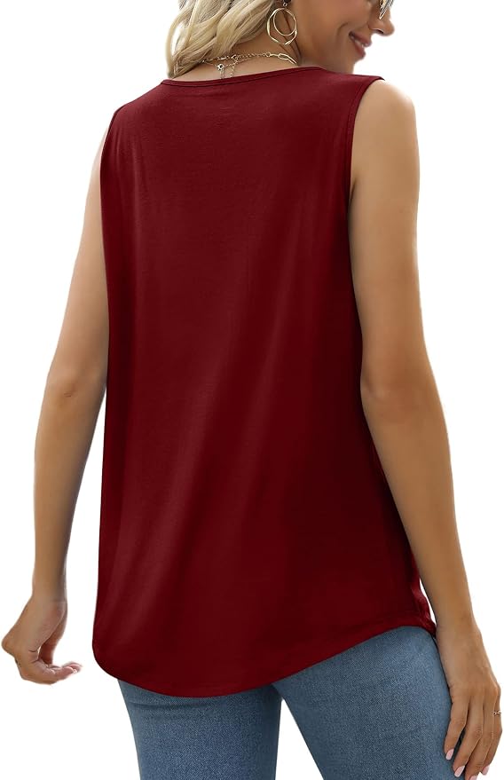 Saloogoe Summer Tank Tops for Women Loose Fit Pleated Square Neck Sleeveless Tops Curved Hem Flowy - Image 4