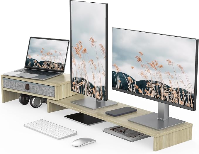 Fenge Computer Monitor Riser Stand with Drawer for 2 or 3 Monitors ,Adjustable Length and Angle Desktop Laptop Stand,Office Organizer,Printer,Oak by Fenge