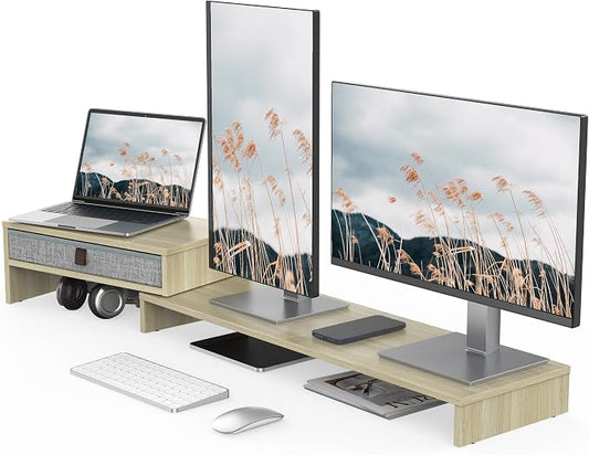 Fenge Computer Monitor Riser Stand with Drawer for 2 or 3 Monitors ,Adjustable Length and Angle Desktop Laptop Stand,Office Organizer,Printer,Oak by Fenge