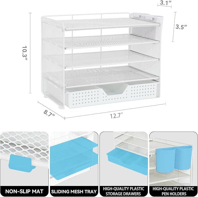 LEKETREE Desk Organizer and Accessories, 5-Tier Paper Letter Tray Organizer with Drawer & 2 Pen Holders for Desktop File Organization, Office Desk Accessories for Supplies Storage (White) - Image 2