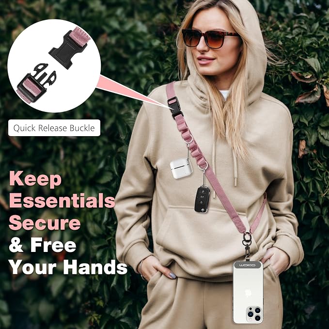 MoKo Universal Phone Lanyard, Nylon Adjustable Cell Phone Crossbody Strap Detachable Women & Men Cellphone Lanyards Around the Neck with Patches for iPhone, Most Smartphone, Rose Gold - Image 3