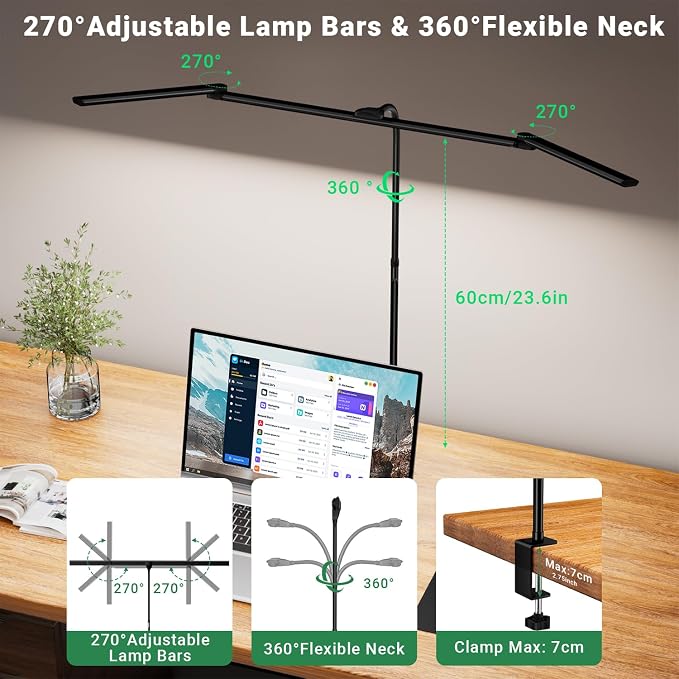 LED Desk Lamp for Home Office,3 Lamp Bars, 5 Color Temperatures & 10 Dimming Brightness, Flexible Neck, 15W USB Adapter Desk Light with Clamp for Reading, Study, Craft (Black) - Image 3