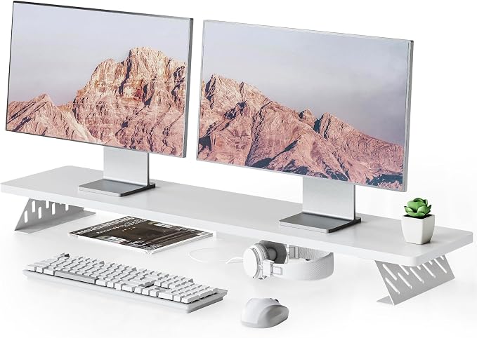 Fenge Dual Monitor Stand Riser, 42.5 Inch Desk Top Shelf for 2 Monitors, Computer Stands for Desk, Wood & Steel Desktop Riser for Laptop, PC, Printer by Fenge