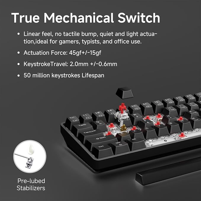 TMKB 60% Mechanical Gaming Keyboard, Red Linear Switch, Wired, Black | LED Backlight, Anti-Ghosting, Detachable USB-C, Double-Shot Keycaps, 61 Keys - Image 3
