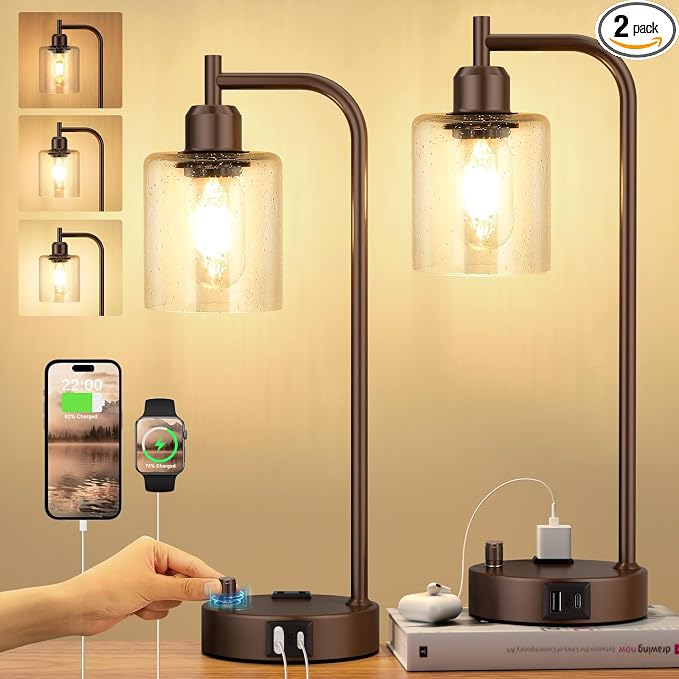 Innqoo Industrial Table Lamps for Bedrooms Set of 2 - Fully Dimmable Bedside Lamps with USB Ports and Outlet, Brown Nightstand Lamps with Glass Shade for Living Room, Desk Lamps for Office Reading by Innqoo
