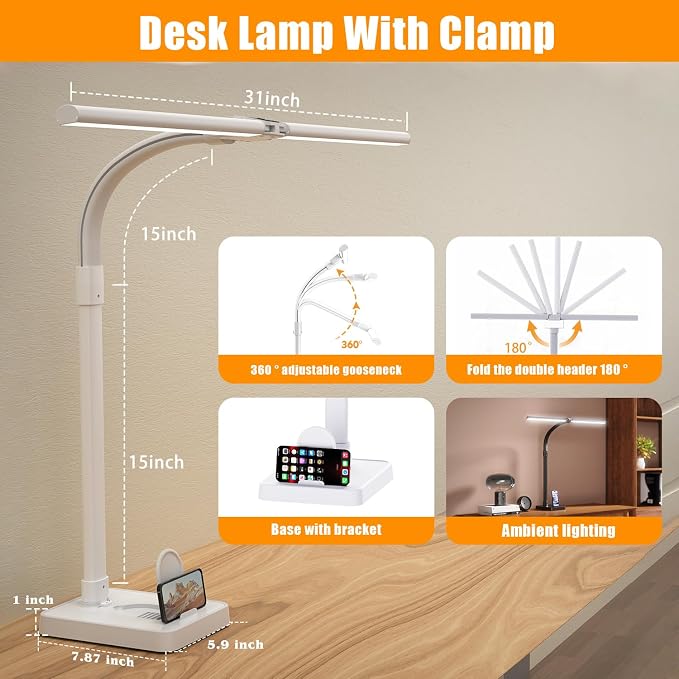 AKRRYR Led Desk Lamp for Home Office,24W Bright Eye-Caring Desk Light with Base,5 Brightness and 5 temperatures Dimmable Workbench Task Light, Adjustable Gooseneck Table Lamp for Monitor(White) - Image 3