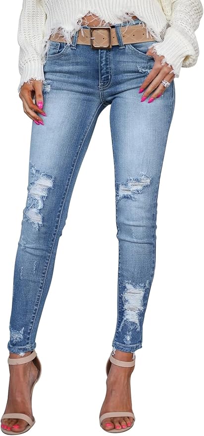 KUNMI Women's Skinny Ripped Trendy Jeans Distressed Stretchy Denim Pants by KUNMI