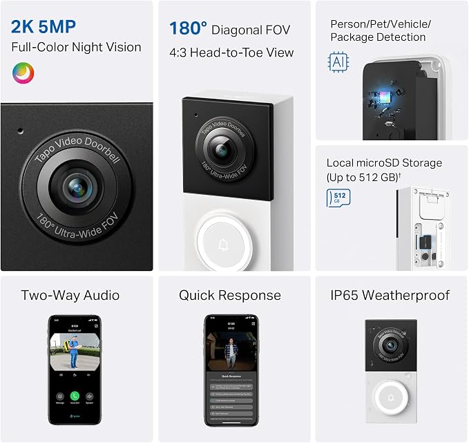 Tapo 2K Wired Smart Video Doorbell - 180 Ultra-Wide Field of View, Person/Vehicle/Package Detection, 2-Way Audio, Color Night Vision, Subscription-Free Local Storage or Optional Cloud, D130 - Image 2