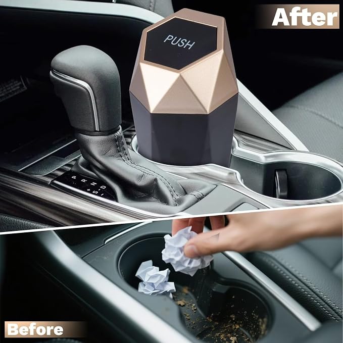 BFXM Car Trash Can, 2 Pack Car Trash Bin with Lid, Car Accessories for Women Interior, Car Garbage Can with Additional 2 ABS Hooks and 60pcs Trash Bags, Suitable for Home, Office, Car Organizer, Gold - Image 3