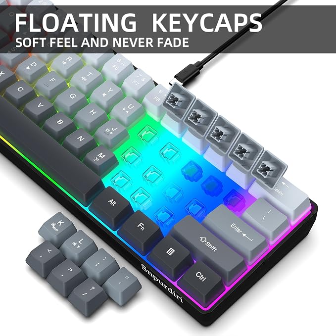 Snpurdiri 60% Wired Gaming Keyboard, 61 Keys RGB (Grey-Black) | Backlit Ultra-Compact Small Gaming Keyboard, for PC/Mac Gamer, Typist, Travel, Easy to Carry on Business Trip - Image 4