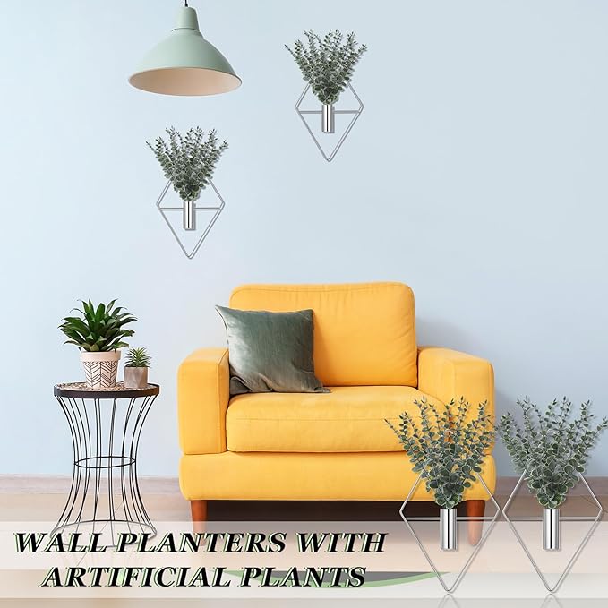 Jexine 4 Pcs Hanging Planters with Artificial Eucalyptus, Chrome Silver Wall Decor Metal Hanging Vase Indoor Plants Holder Modern Geometric Bathroom Decor for Living Room Home Office - Image 4