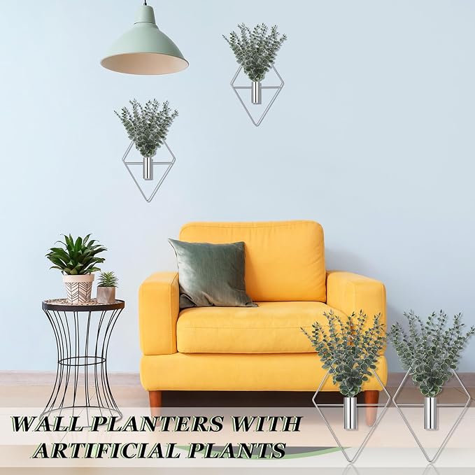 Jexine 8 Pcs Hanging Planters with Artificial Eucalyptus Metal Hanging Vase Indoor Plants Holder Modern Geometric Boho Bathroom Wall Decor for Living Room Home Office (Eucalyptus,Chrome Sliver) - Image 4