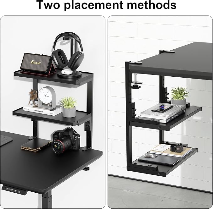 Spacrea 2 Tier Clamp on Desk Shelf | Office Desk Shelves Organizer, Wood Desktop Supplies Storage Rack, Desk Organizers and Accessories (Black) - Image 4