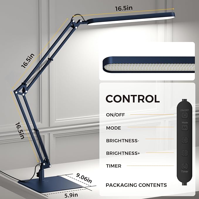 SKYLEO LED Desk Lamp with Slim Base - Adjustable Swing Arm Desk Light, Dimmable, Timer, Eye Protection, Memory Function, 1300LM, 12W, Blue - Image 3