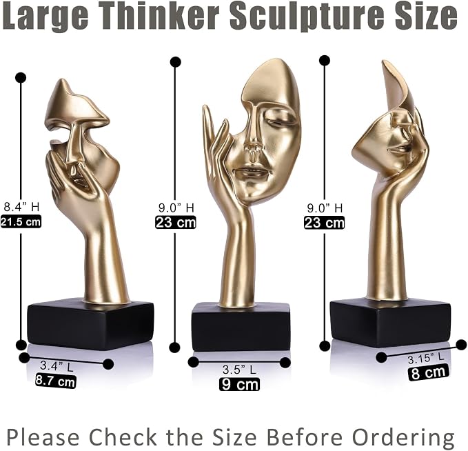 3 Pcs Thinker Large Statue Set - Black Glod Art Abstract Home Accent Figurines for Living Room, Bedroom, Shelves, Office Desktop, Coffee Table Decor, Gift for Women (3 Pcs Black Glod, 9") - Image 3