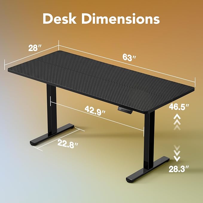 HUANUO Electric Standing Desk, 63" x 28" Height Adjustable Desk, 4 Memory Height Settings, Sit to Stand Up Desk for Home Office, with Headphone Hook, Cable Manager, Carbon Fiber Black - Image 3