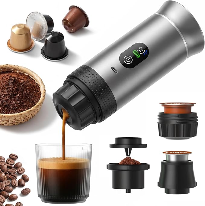 Portable Self-Heating Espresso Maker for Ground Coffee and Capsules | Rechargeable 80 ml travel coffee machine for camping, road trips and car use by Unknown