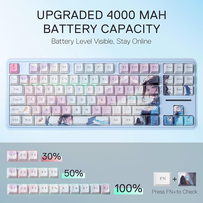 Redragon K728 PRO SE 80% 87 Keys Wireless Gasket RGB Gaming Keyboard, 3-Mode Anime Mechanical Keyboard w/Hot-Swap South-Facing LED Socket, 5-Layer Noise Dampening, Custom Hi-Fi Linear Switch - Image 7