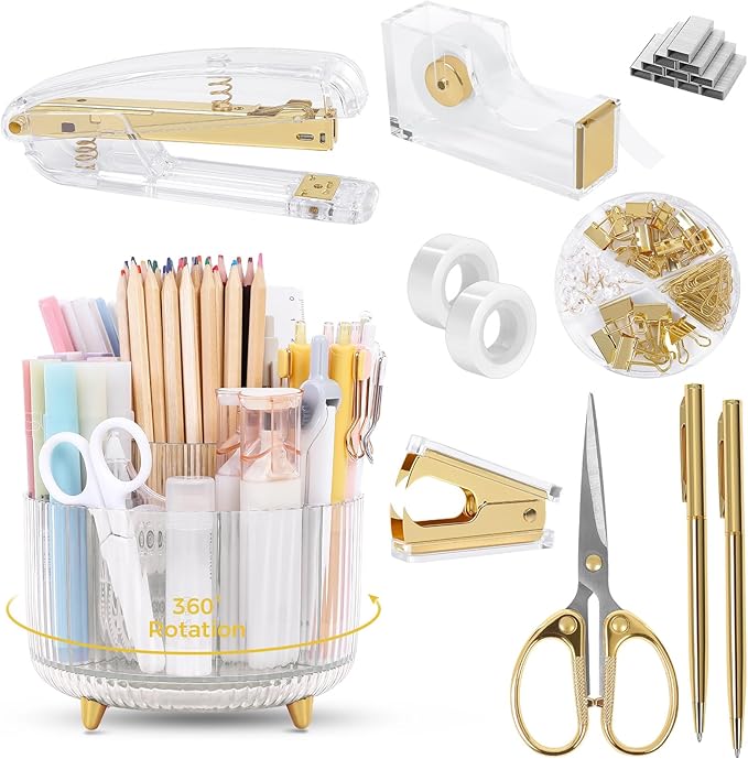 SKYDUE Gold Office Supplies Set, Pencil Holder for Desk,Gel Pen, Stapler, Tape Dispenser, Scissors,Clips and 1000pcs Staples, Office Decor for Women, Gold Desk Accessories by SKYDUE