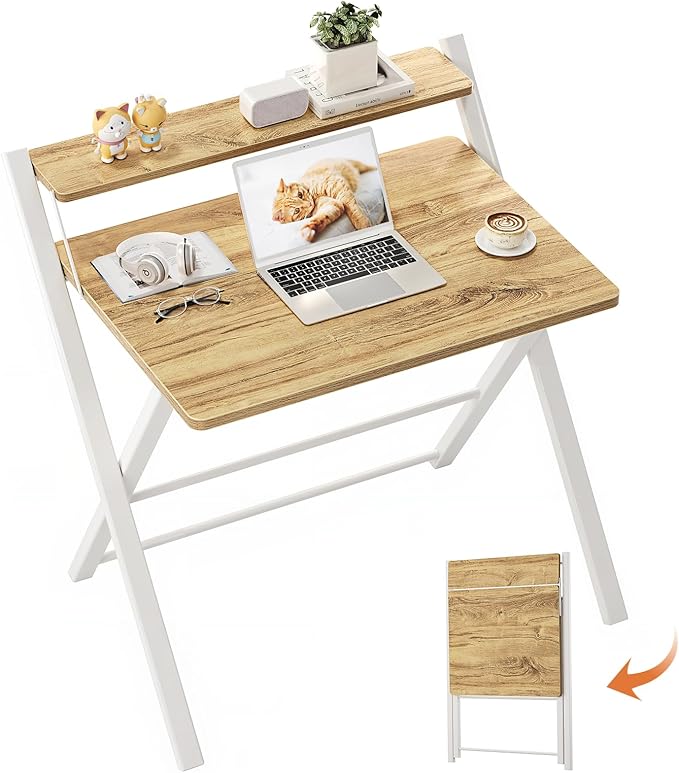 GreenForest Folding Desk No Assembly, Sturdy Computer Desk for Small Spaces | Portable Foldable Table for Laptop, 2-Tier Compact with Shelf, Space Saving for Home Office, Dorm, Apartment, 27.3"x 22" Oak by GreenForest