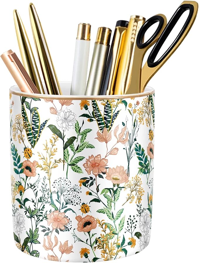 Large Capacity Colored Pen Holder for Desk, Ceramic Pencil Holder Pen Cup Marker Holder Makeup Brush Holders, Desk Accessories & Workspace Organizers for Home, Office, White Flower by WAVEYU