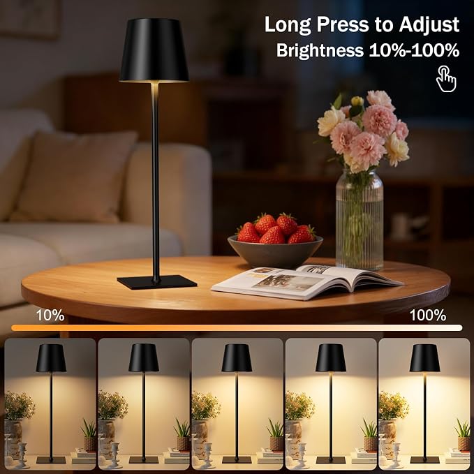 Kakanuo Black Cordless Rechargeable Table Lamp, 4 Pack Portable Desk Lamp with 5000mAh Battery, Touch Control Stepless Dimming, Wireless Night Light for Dining, Outdoor Camping, Coffee Shop - Image 3