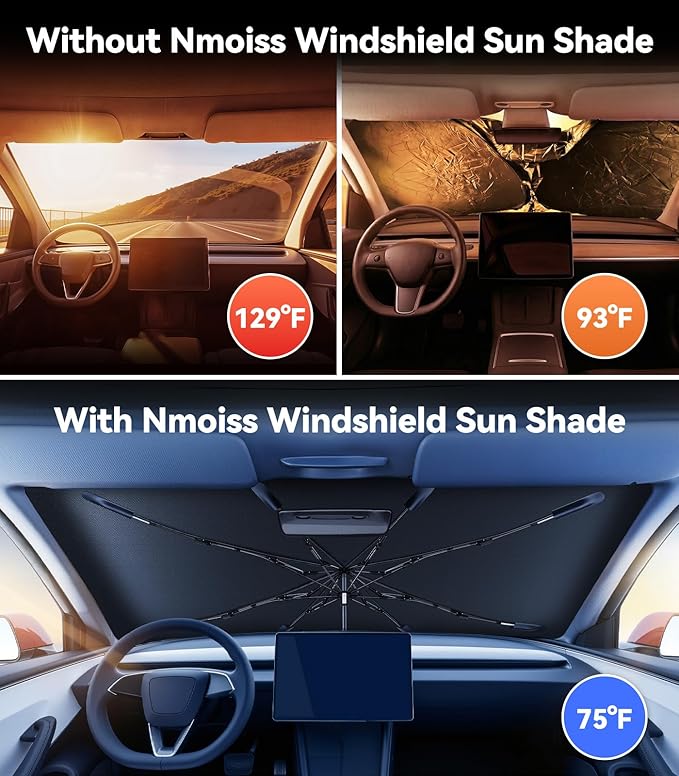 Nmoiss Windshield Sun Shade Umbrella for Tesla - [Vinyl Coating Heat Shield] Protect Car from Sun Rays & Heat Damage Keep Cool and Protect Interior, Spring Structure Edge - Image 2
