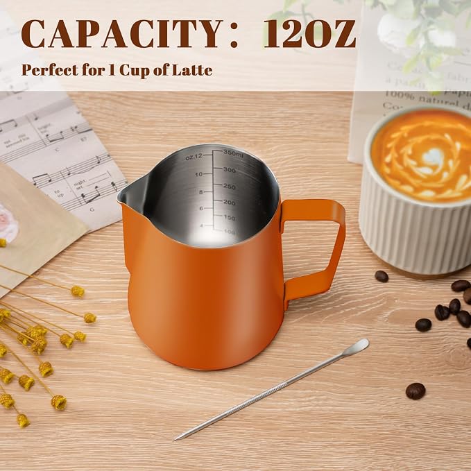 Amrules Milk Frothing Pitcher, 12 oz Milk Frother Cup with Clear Scale, 304 Stainless Steel Cappuccino Espresso Machine Accessories for Barista Coffee Bar with Latte Art Pen, Orange - Image 4