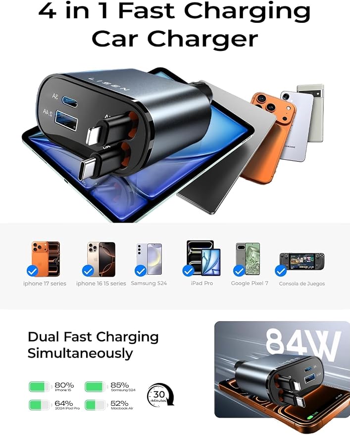 LISEN Retractable Car Charger, 84W Car Charger USB C Fast Charger Adapter, Car Accessories for Men Women, Gifts for Fathers Day for Men Dad Husband, for iPhone 17 16 15 14 13 12 Pro Max, Christmas | Multiple Ports Car Charger, Retractable Car Charger F... - Image 9