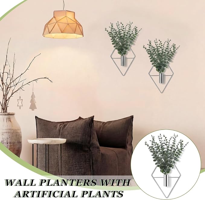 Jexine 4 Pcs Hanging Planters with Artificial Eucalyptus Metal Hanging Vase Indoor Plants Holder Modern Geometric Boho Bathroom Wall Decor for Living Room Home Office (Eucalyptus,Silver) - Image 6