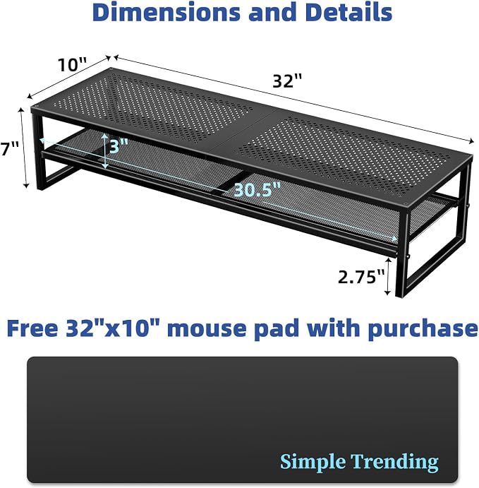 Simple Trending 2-Tier Dual Monitor Stand with Mouse Pad, Metal, Black | 32"W x 10"D x 7"H. Mesh cooling. Holds 100 lbs. Bottom tier fits keyboard & Xbox. Non-slip base. Free mouse pad. - Image 6