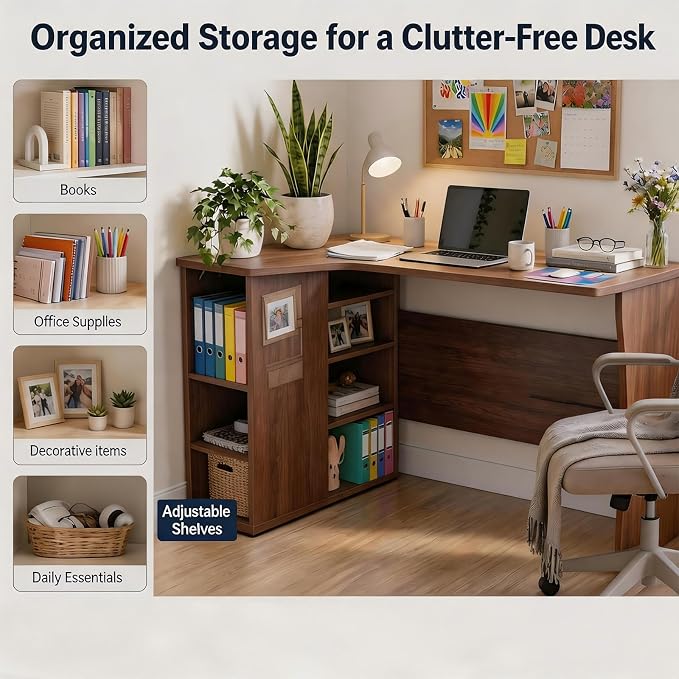 Garvee L Shaped Desk with Storage Shelves, Small Corner Desk for Small Spaces, Corner Table with 3 Tier Shelves, Home Office, Writing Study Gaming Desk, Walnut Wood - Image 3