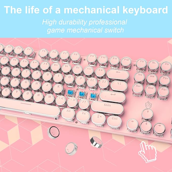 YSCP Typewriter Style Mechanical Gaming Keyboard White Backlit Wired with Blue Switch Retro Round Keycap 104 Keys Keyboard (Pink) - Image 3