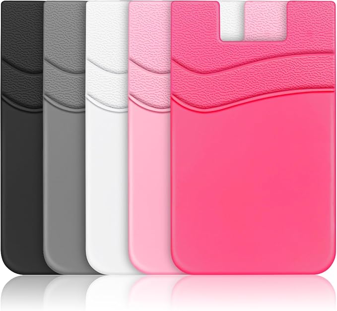 SHANSHUI Phone Wallet, Strong Adhesive Silicone Wallet Sleeve Pocket Stick on ID Credit Card Holder for All Smartphones - 5 Pack Black White Grey Pink Rose by SHANSHUI