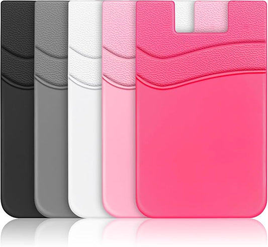 SHANSHUI Phone Wallet, Strong Adhesive Silicone Wallet Sleeve Pocket Stick on ID Credit Card Holder for All Smartphones - 5 Pack Black White Grey Pink Rose by SHANSHUI