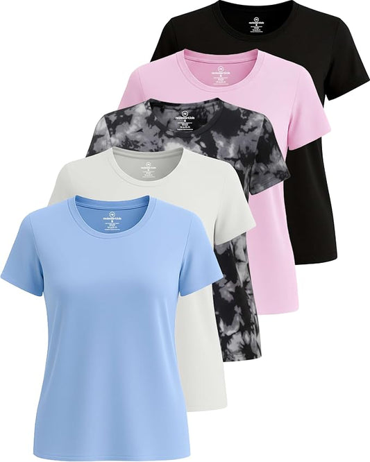 5 Pack Women's Dry Fit Short Sleeve Athletic Gym Workout Running Tops | Available in Plus Size, Exercise, Sports, Fitness, Quick Dry, Cooling, Moisture Wicking, Loose Basic Tees, Yoga, Pilates by RealEssentials