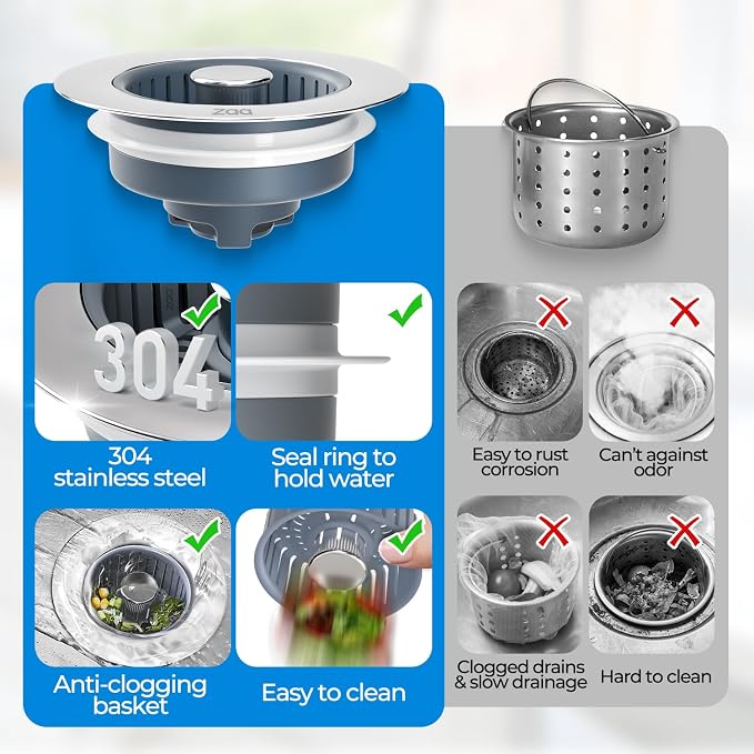 zaa 3 in 1 Kitchen Sink Drain Strainer Stopper Removable Basket Pop-Up | Kitchen Sink Accessories 1 Pack Silver Stainless - Food Catcher, Odor-Blocking Seal, Fits 3.5" Drain, Easy Clean - Image 5