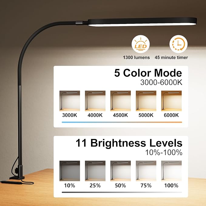 SKYLEO Led Desk Lamp - Desk Light for 33.5" Tall - Flexible Gooseneck - 5 Color Modes X 11 Brightness Levels - 1300LM - Timmer & Memory Function - 12W Clip on Light - Black - Image 2