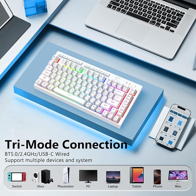 Redragon Wireless Gaming Keyboard, Portable 75% Compact,RGB Backlit, White | Bluetooth/2.4GHz/USB-C Wired, Mini Quiet Macro Membrane Keyboard, Rechargeable 4000mAh Battery, Anti-Ghosting for Win/MAC - Image 3