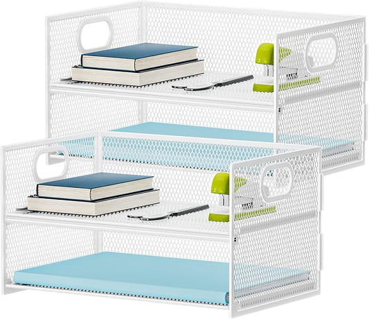 Marbrasse 2 Tier Paper Organizer Letter Tray, Mesh File Organizer with Handle, Paper Sorter Desk Organizer for Home Office Supplies - 2P White by Marbrasse