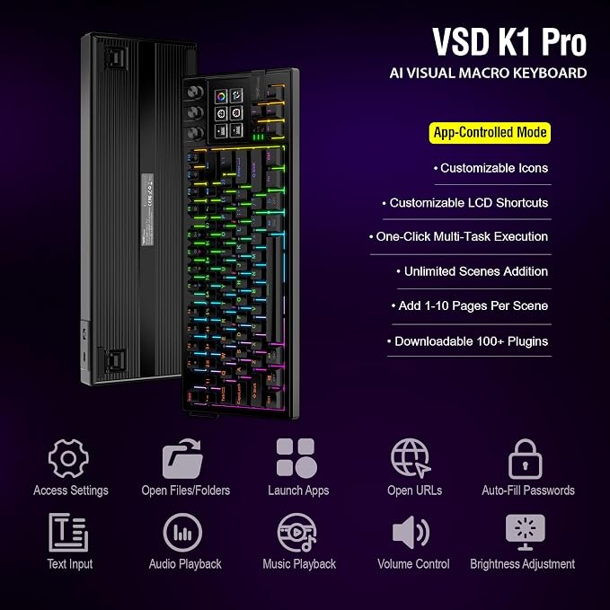 K1 Pro Macro Keyboard, Wired Only Full-Key Programmable On-Board Keypad, Custom Gaming Streaming Mechanical Keyboards with Screen & Knob, Gasket, RGB Backlit, Hot Swappable Shortcut Pad - Image 5