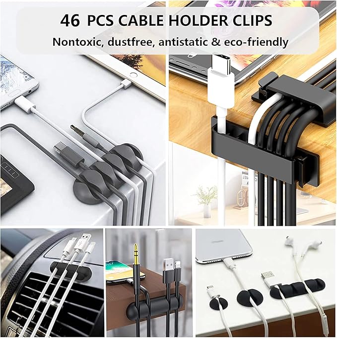 N NOROCME 192 PCS Cable Management Kit 4 Wire Organizer Sleeve | 11 Cable Holder,35Cord Clips 10+2 Roll Cable Organizer Straps,100 Fastening Cable Ties,for Computer TV Under Desk - Image 2